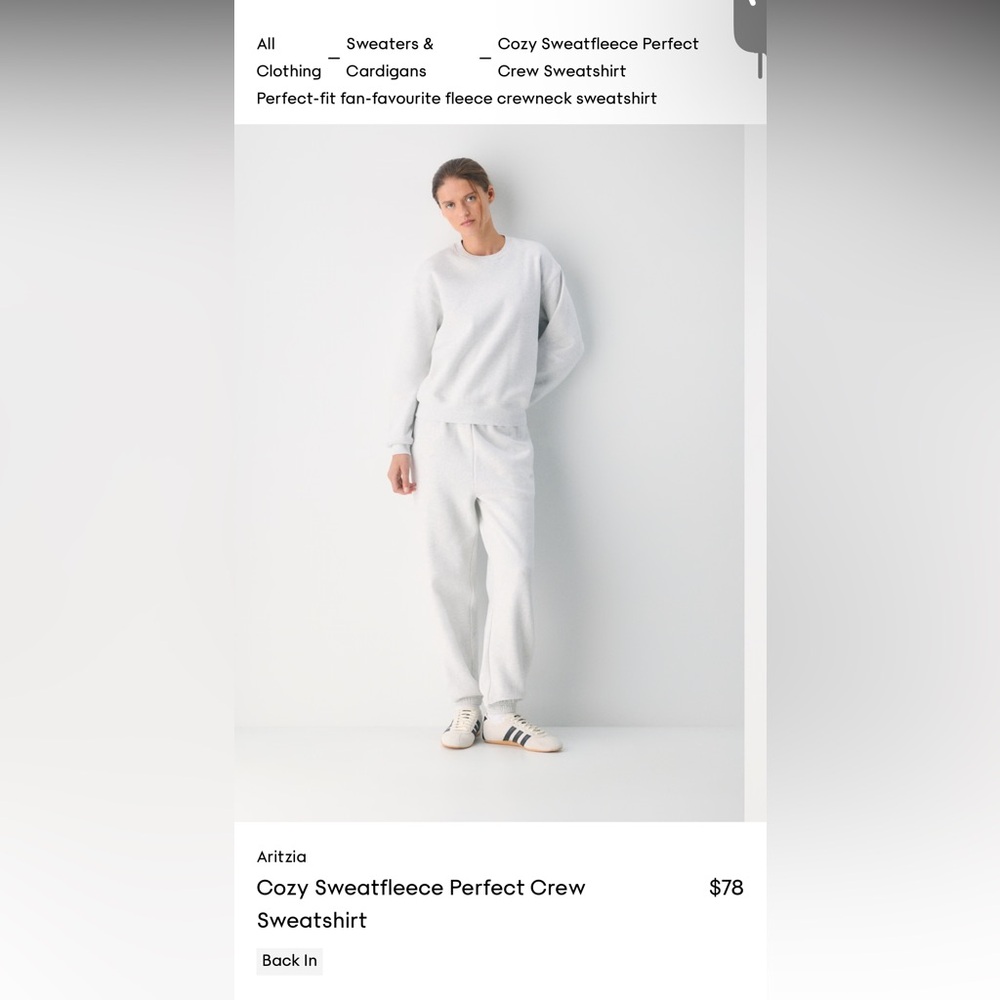 Aritzia Sweatfleece Perfect Fit in Heather Cloud White.